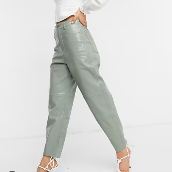Mango faux leather Sage Green High-Waisted Streetwear Barel Contemporary Pants - Picture 2 of 13
